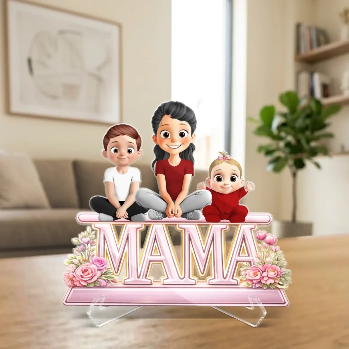 Present till mamma – Personlig akrylplakett med barn – söt 3D-stil