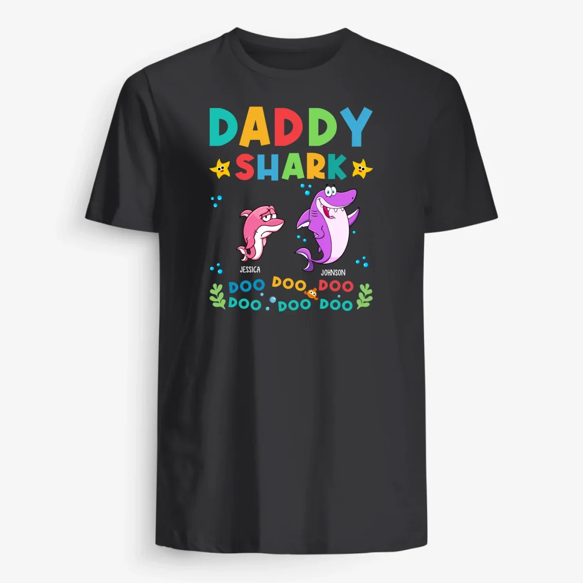 Personlig T-shirt til far med teksten "Daddy Shark"